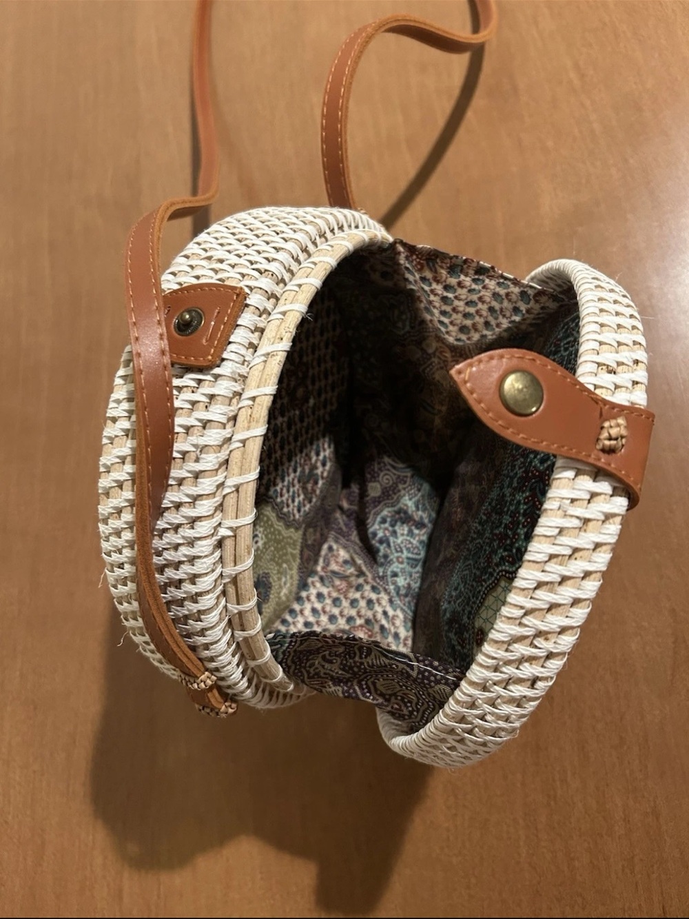 Round Woven Crossbody Bag in Cream and Tan - Picture 8 of 10